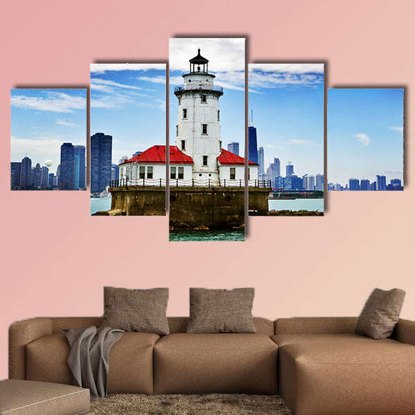 Chicago lighthouse with downtown Chicago canvas wall art