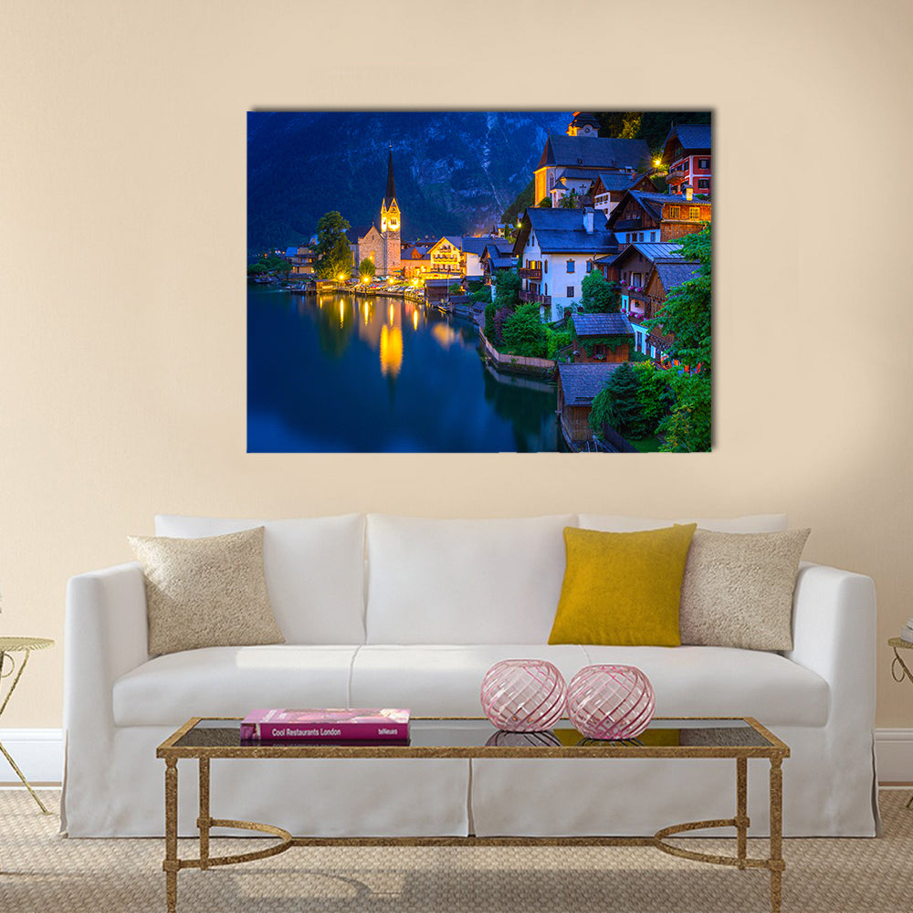 Hallstatt village in Alps at dusk, Austria multi panel canvas wall art
