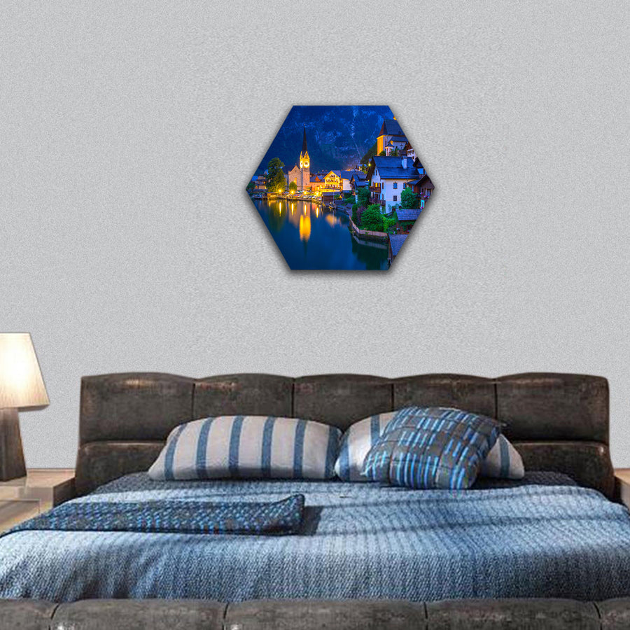 Hallstatt village in Alps at dusk, Austria hexagonal canvas wall art