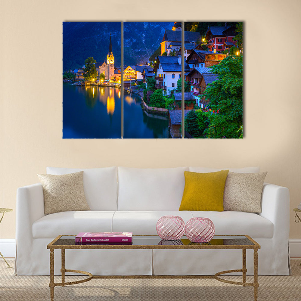 Hallstatt village in Alps at dusk, Austria multi panel canvas wall art