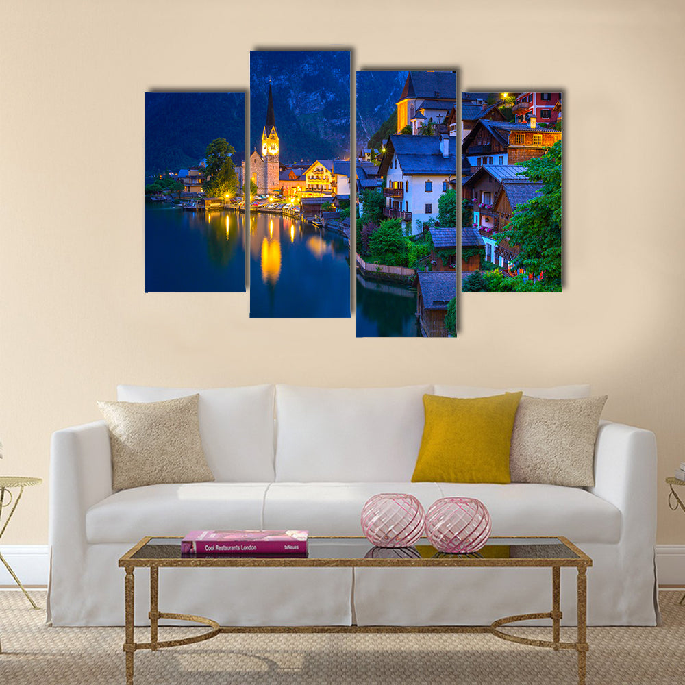 Hallstatt village in Alps at dusk, Austria multi panel canvas wall art