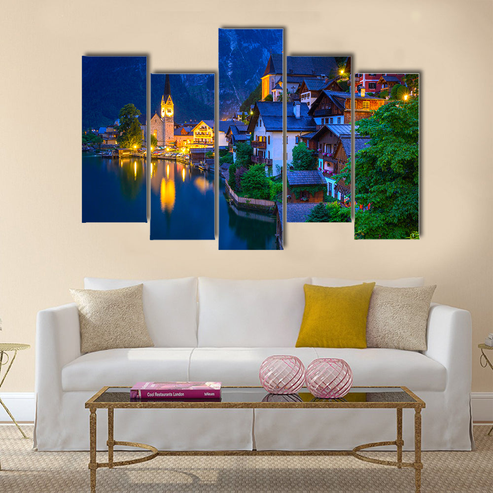 Hallstatt village in Alps at dusk, Austria multi panel canvas wall art