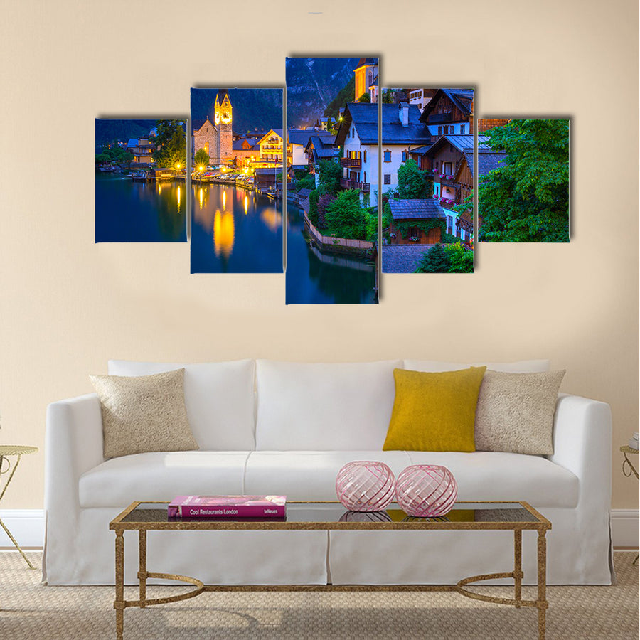 Hallstatt village in Alps at dusk, Austria multi panel canvas wall art