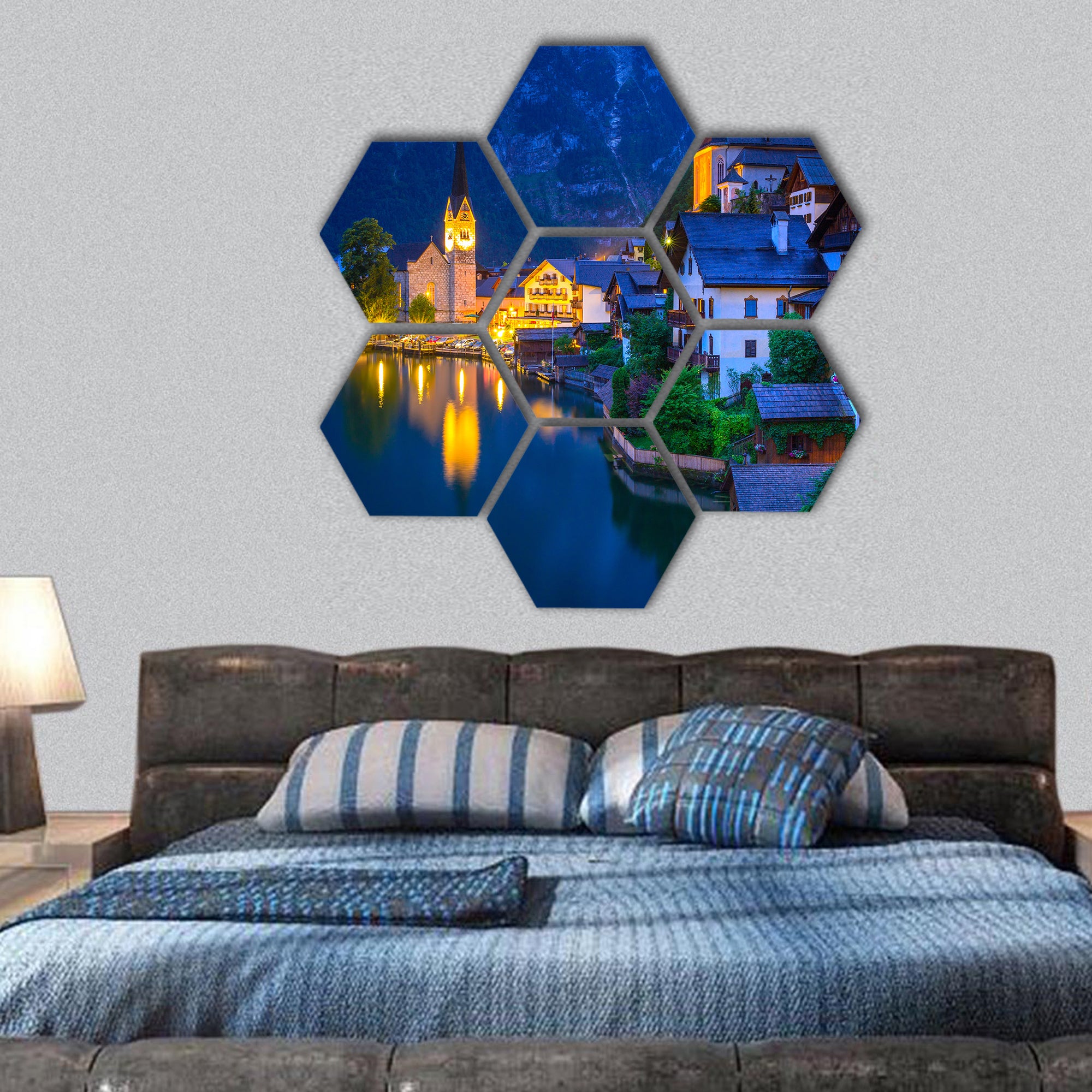 Hallstatt village in Alps at dusk, Austria hexagonal canvas wall art