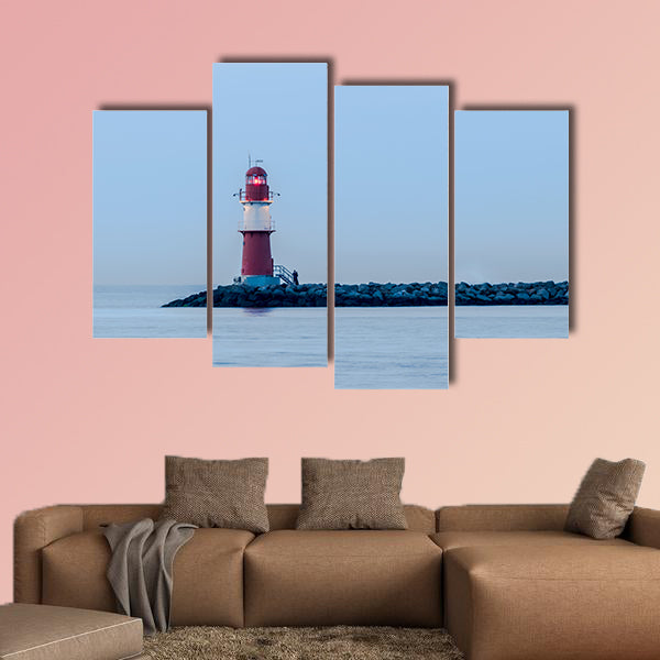 Night view of lighthouse of Warnemuende Germany multi panel canvas wall art