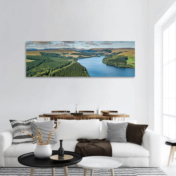 Aerial view of a reservoir in a mountainous area panoramic canvas wall art