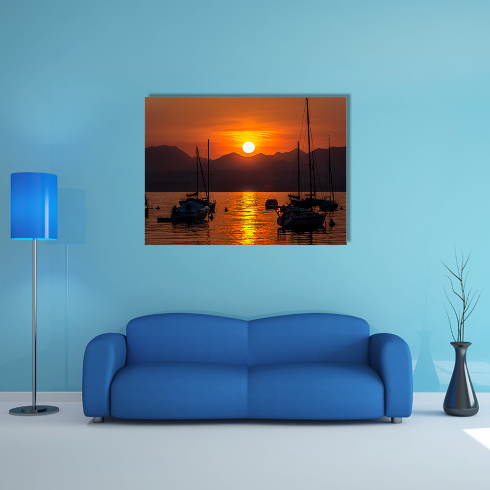 The Sailing Boats on Lake Garda with sunset, Italy multi panel canvas wall art