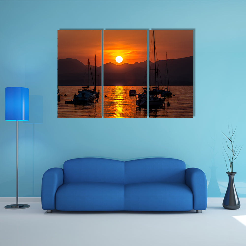 The Sailing Boats on Lake Garda with sunset, Italy multi panel canvas wall art