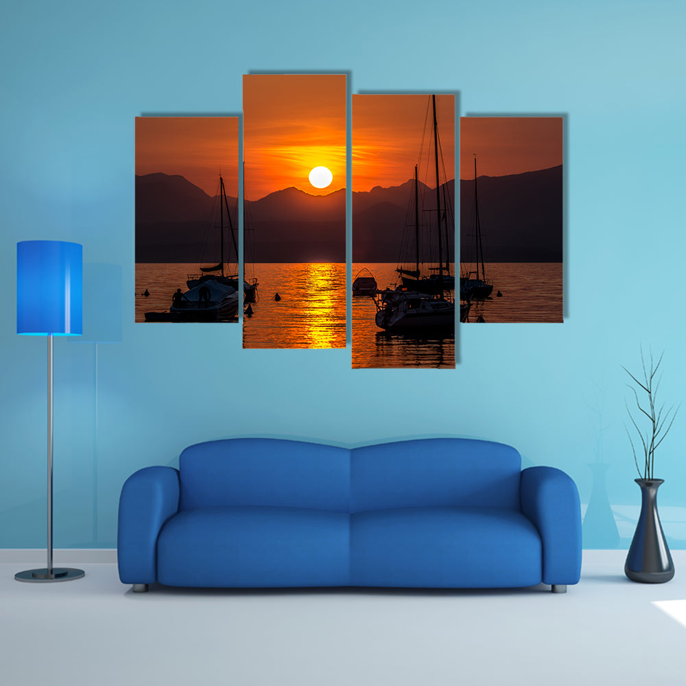 The Sailing Boats on Lake Garda with sunset, Italy multi panel canvas wall art