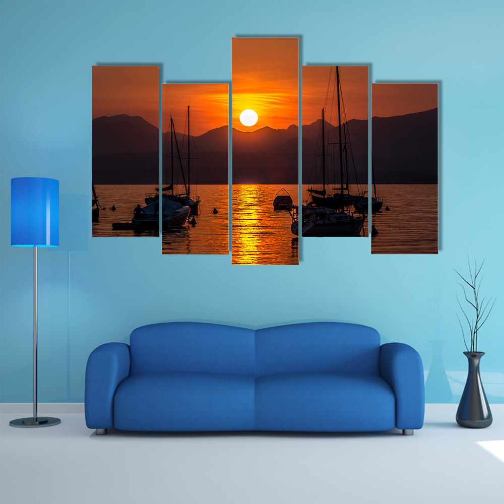 The Sailing Boats on Lake Garda with sunset, Italy multi panel canvas wall art