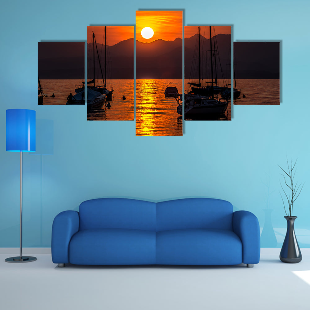 The Sailing Boats on Lake Garda with sunset, Italy multi panel canvas wall art