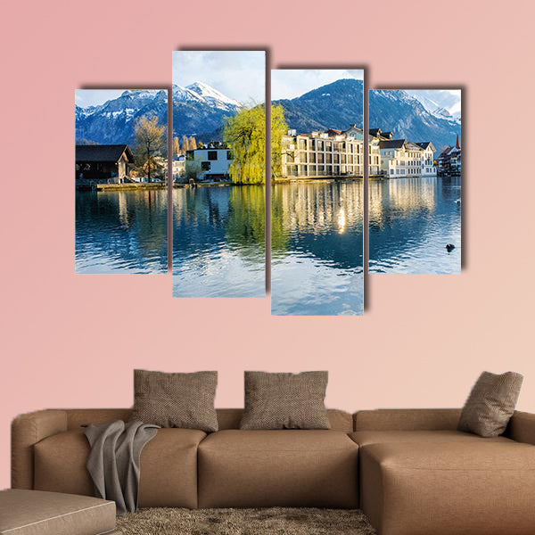 Panoramic view of Interlaken West downtown and Aare River multi panel canvas wall art