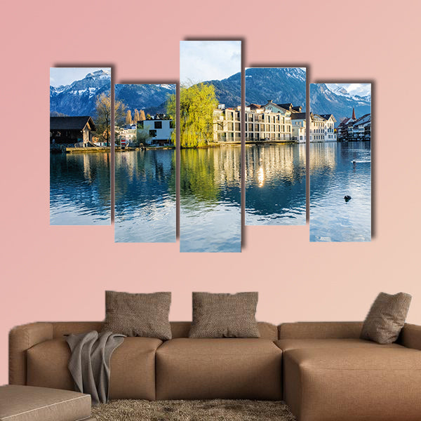 Panoramic view of Interlaken West downtown and Aare River multi panel canvas wall art