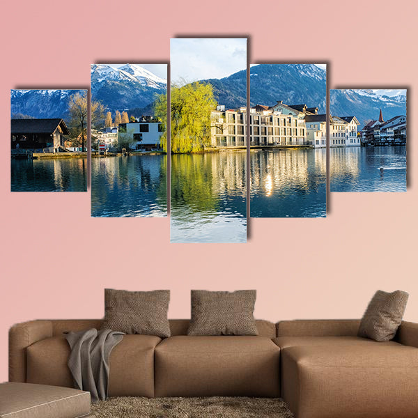 Panoramic view of Interlaken West downtown and Aare River multi panel canvas wall art