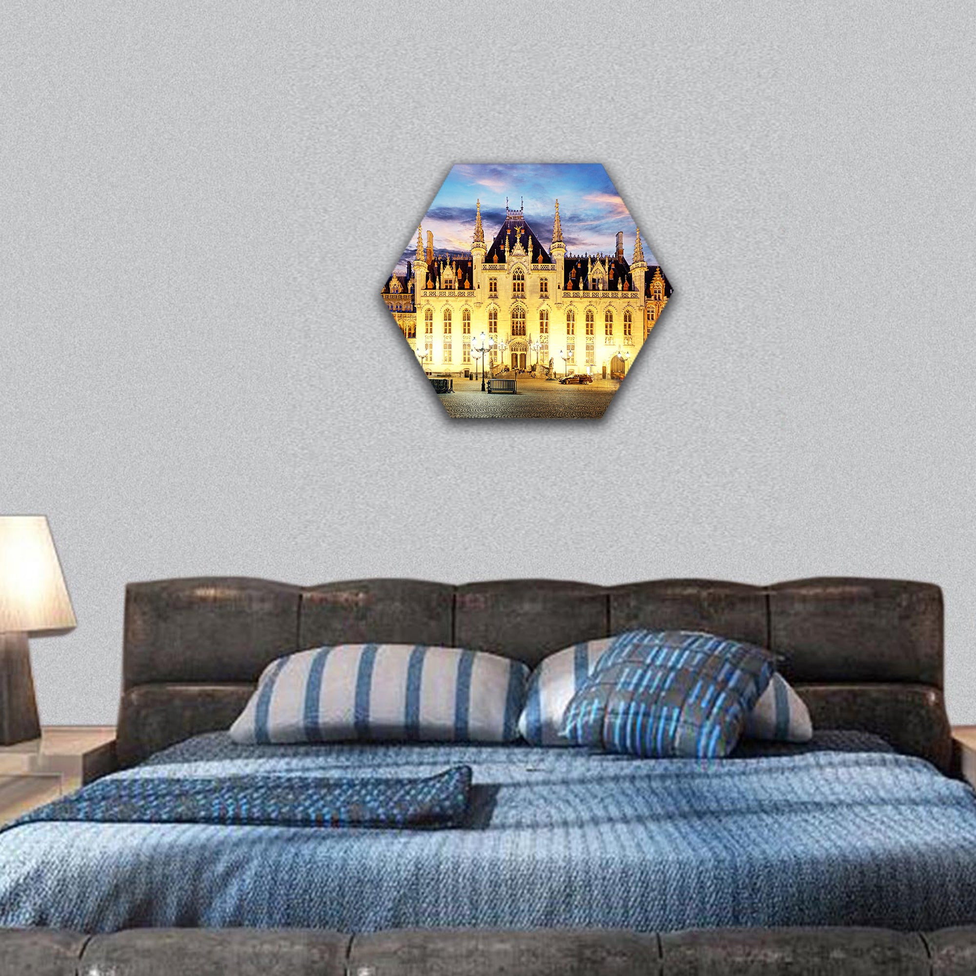 Grote Market square in Bruges, Belgium hexagonal canvas wall art