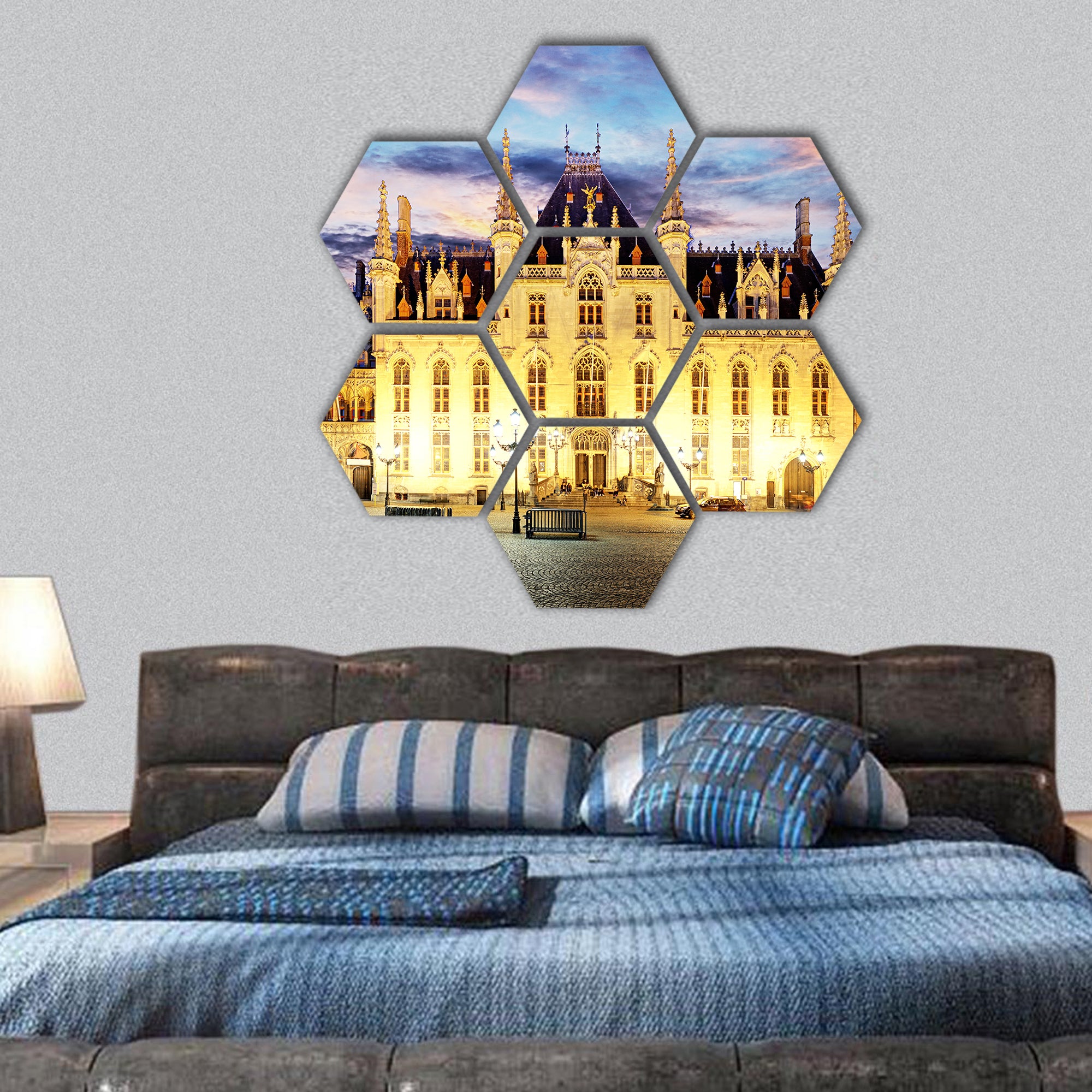 Grote Market square in Bruges, Belgium hexagonal canvas wall art