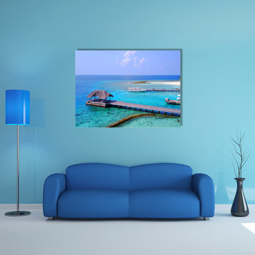 Aerial View Of Maldives White Sandy Beach With Aqua Blue Sky, Multi Panel Canvas Wall Art