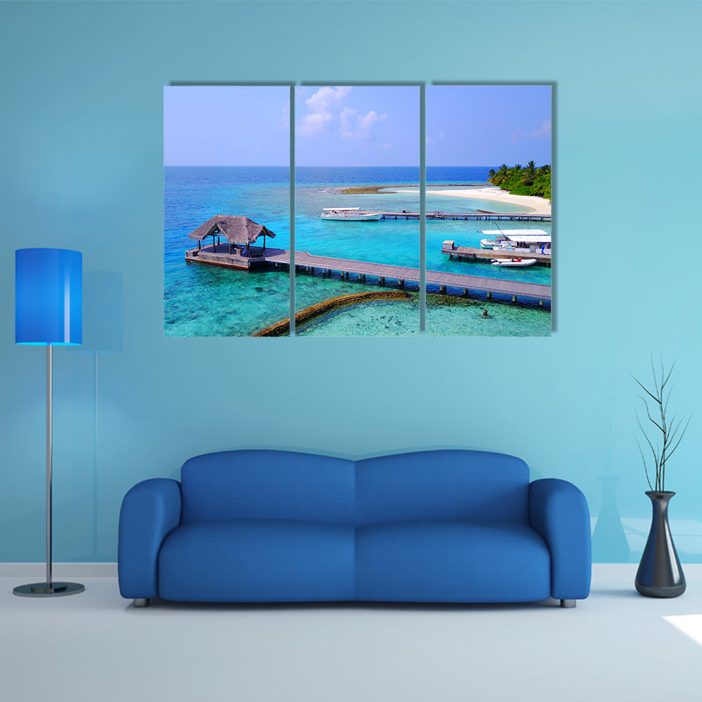 Aerial View Of Maldives White Sandy Beach With Aqua Blue Sky, Multi Panel Canvas Wall Art