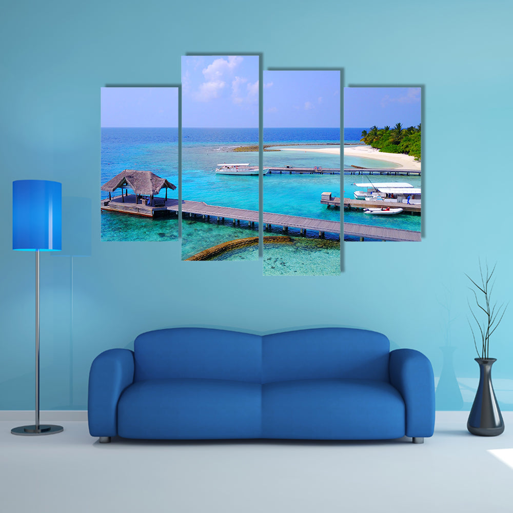 Aerial View Of Maldives White Sandy Beach With Aqua Blue Sky, Multi Panel Canvas Wall Art