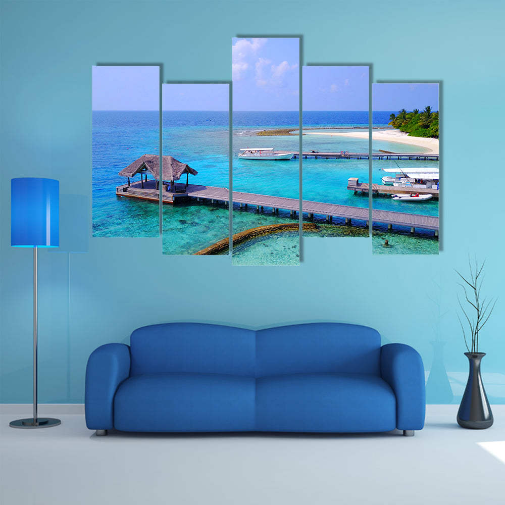 Aerial View Of Maldives White Sandy Beach With Aqua Blue Sky, Multi Panel Canvas Wall Art