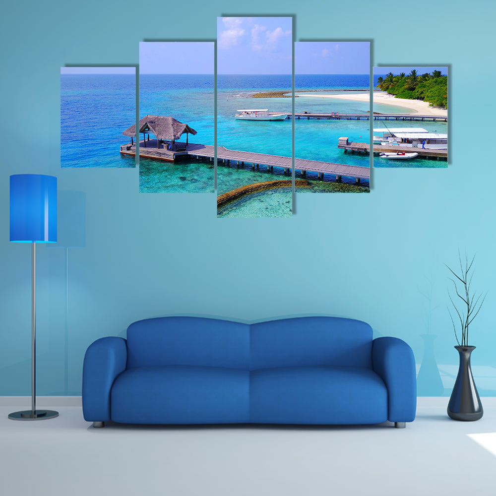 Aerial View Of Maldives White Sandy Beach With Aqua Blue Sky, Multi Panel Canvas Wall Art