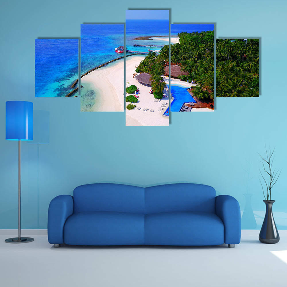 Aerial Flying Drone View Of Maldives White Sandy Beach On Sunny Tropical Paradise Island Multi Panel Canvas Wall Art