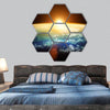 Planet Earth with a spectacular sunset hexagonal canvas wall art