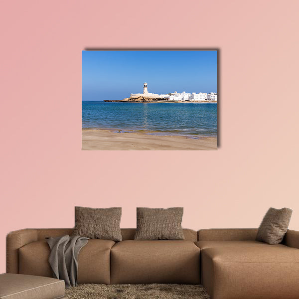 View on Sur Lighthouse from across the bay, Sur, Oman multi panel canvas wall art