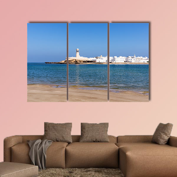 View on Sur Lighthouse from across the bay, Sur, Oman multi panel canvas wall art