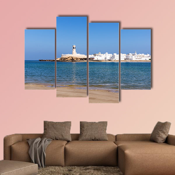 View on Sur Lighthouse from across the bay, Sur, Oman multi panel canvas wall art