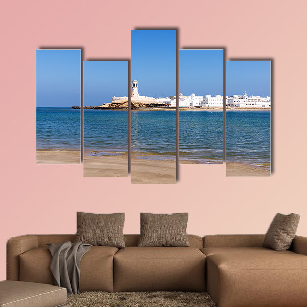 View on Sur Lighthouse from across the bay, Sur, Oman multi panel canvas wall art
