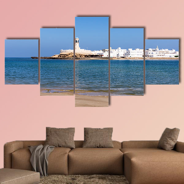 View on Sur Lighthouse from across the bay, Sur, Oman multi panel canvas wall art