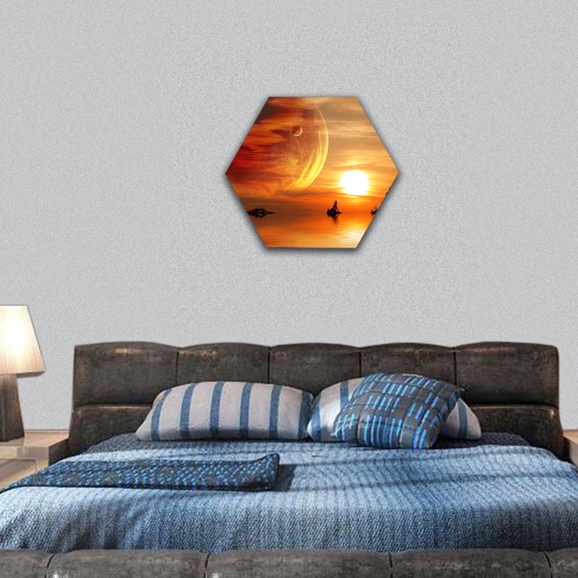 Landscape in fantasy planet hexagonal canvas wall art