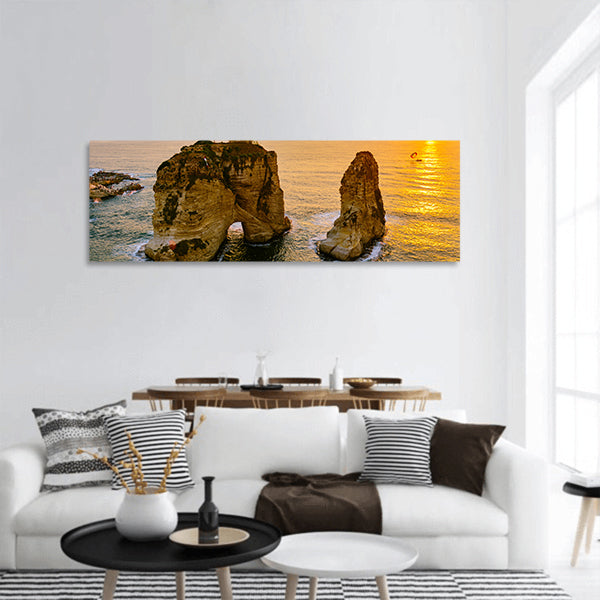 Sunset on Raouche, Pigeons Rock In Beirut, Lebanon Panoramic canvas Wall Art