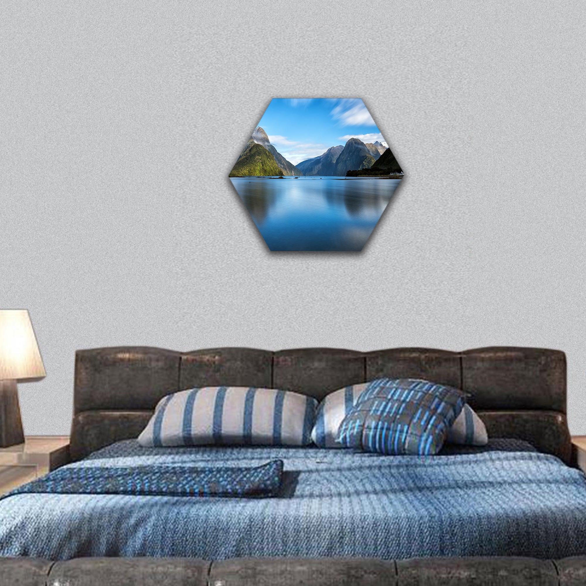 Mitre Peak is landmark of Milford Sound in Fiordland Park, hexagonal canvas wall art