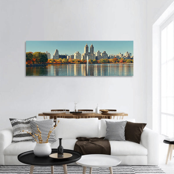 Lake with fountain, Park in Manhattan in New York City Panoramic canvas Wall Art
