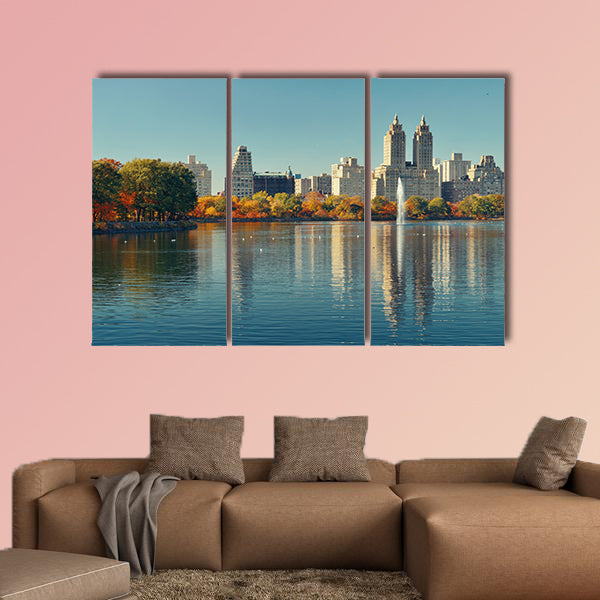 Skyline panorama with apartment skyscrapers multi panel canvas wall art