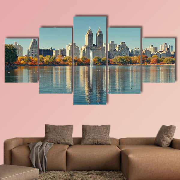 Skyline panorama with apartment skyscrapers multi panel canvas wall art