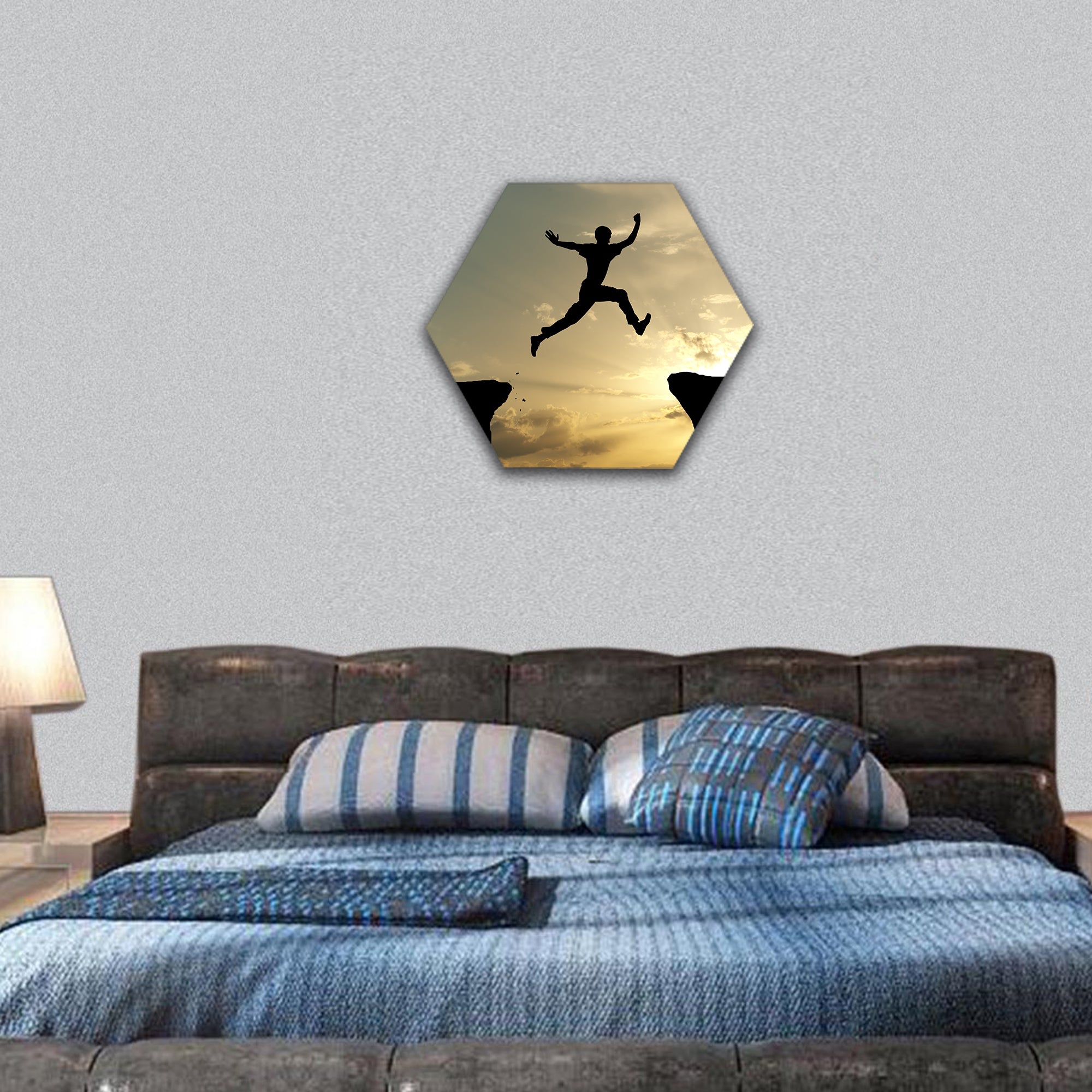 Man jump through the gap hexagonal canvas wall art