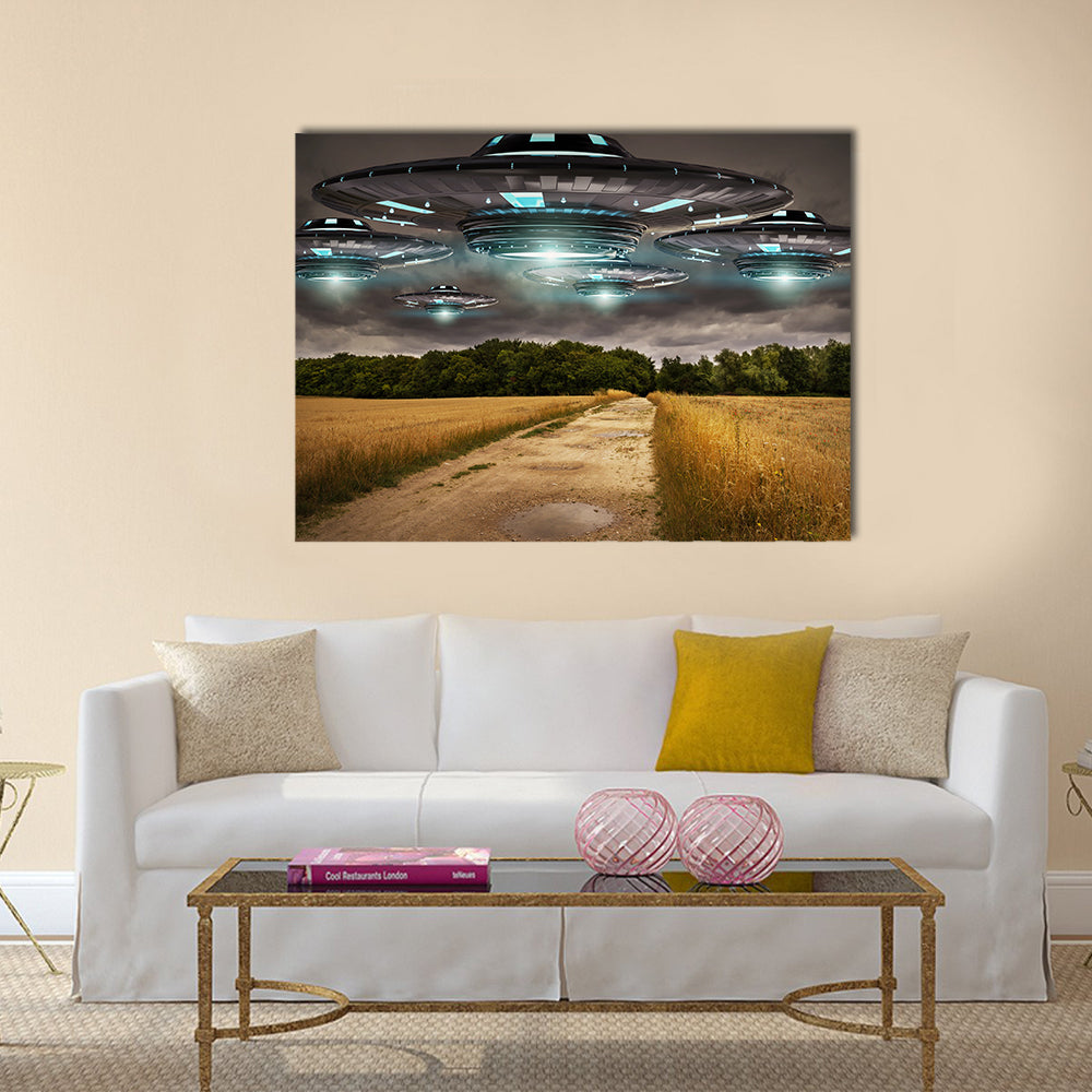 Beautiful Landscape Scenery of UFO Invasion on Earth Multi Panel Canvas Wall Art