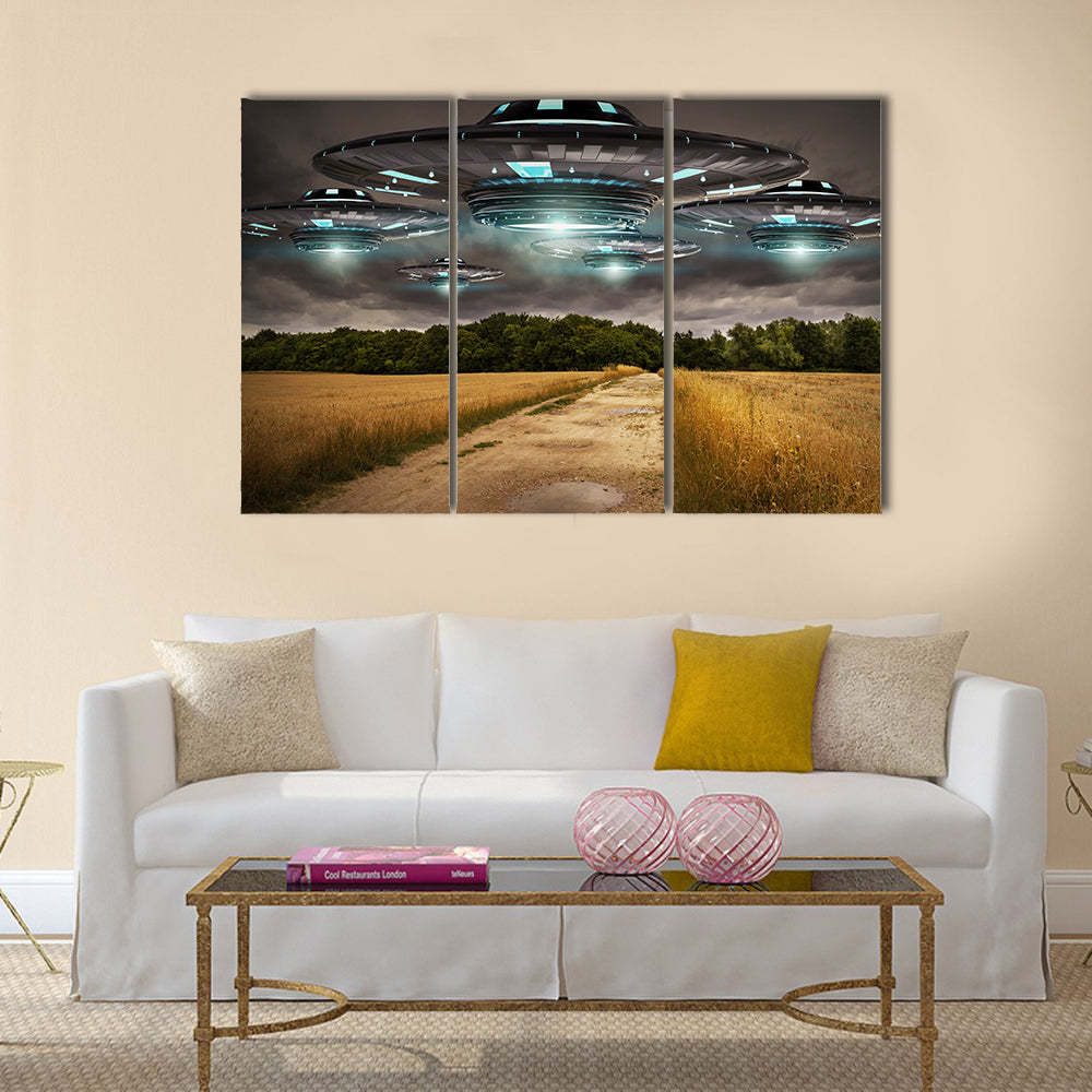 Beautiful Landscape Scenery of UFO Invasion on Earth Multi Panel Canvas Wall Art