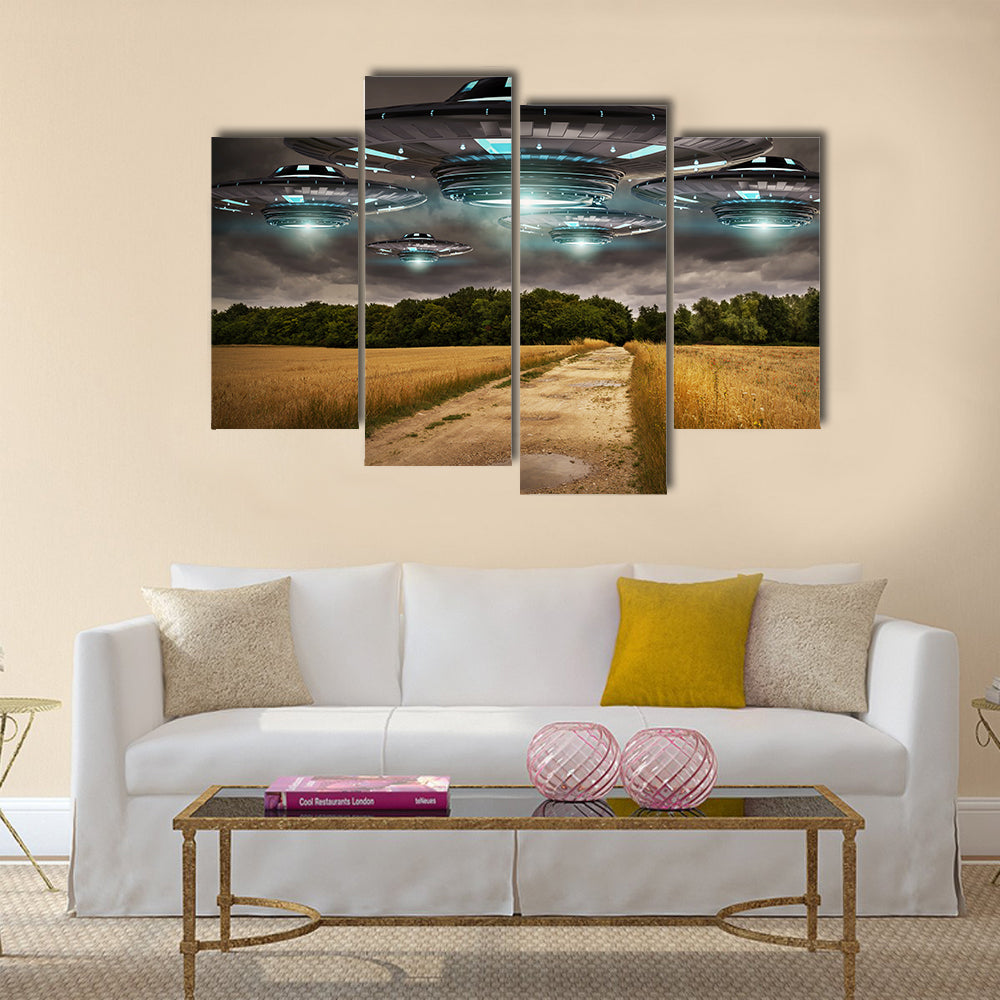Beautiful Landscape Scenery of UFO Invasion on Earth Multi Panel Canvas Wall Art
