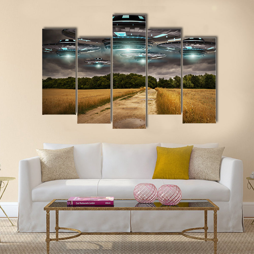 Beautiful Landscape Scenery of UFO Invasion on Earth Multi Panel Canvas Wall Art