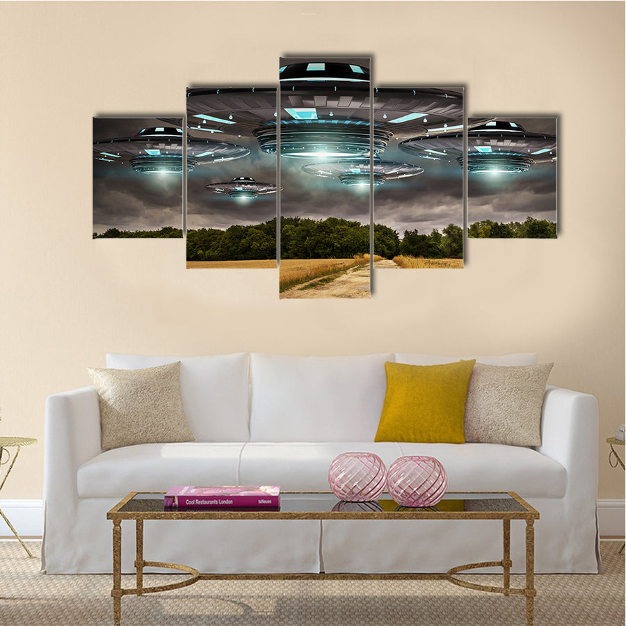 Beautiful Landscape Scenery of UFO Invasion on Earth Multi Panel Canvas Wall Art