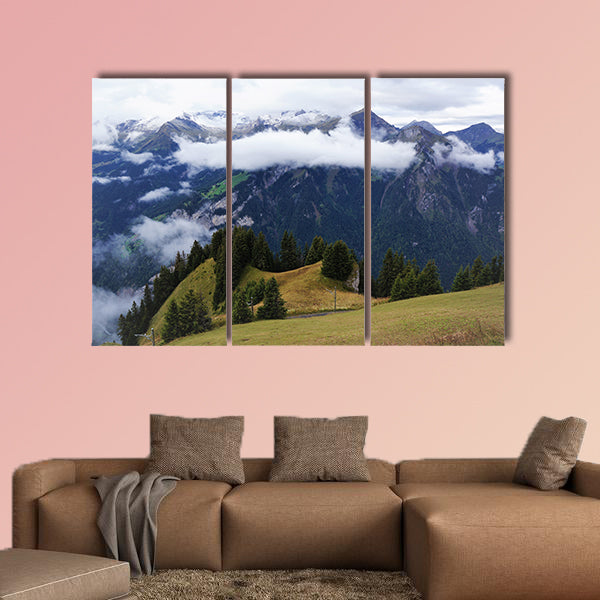 Stunning view of alpine forest, Lake Brienz, mountain range multi panel canvas wall art