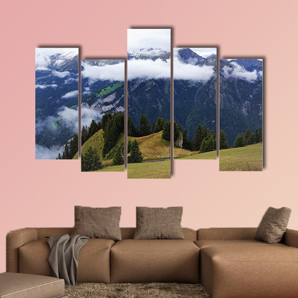 Stunning view of alpine forest, Lake Brienz, mountain range multi panel canvas wall art