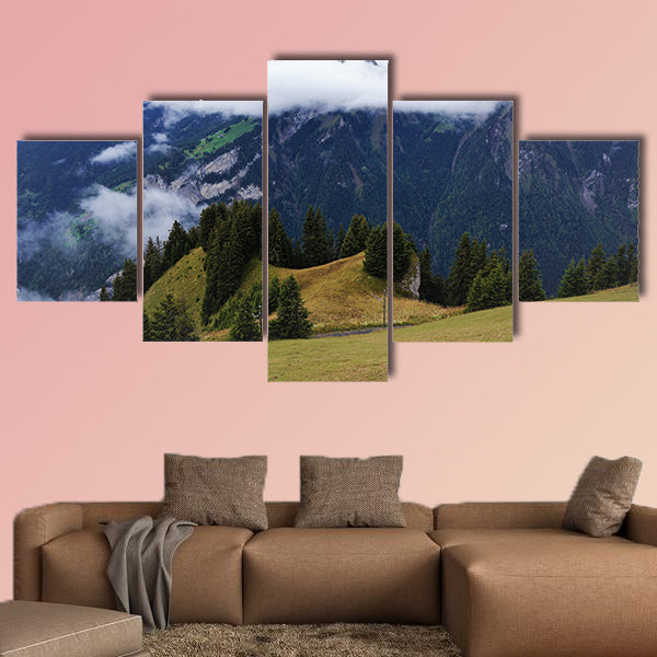 Stunning view of alpine forest, Lake Brienz, mountain range multi panel canvas wall art