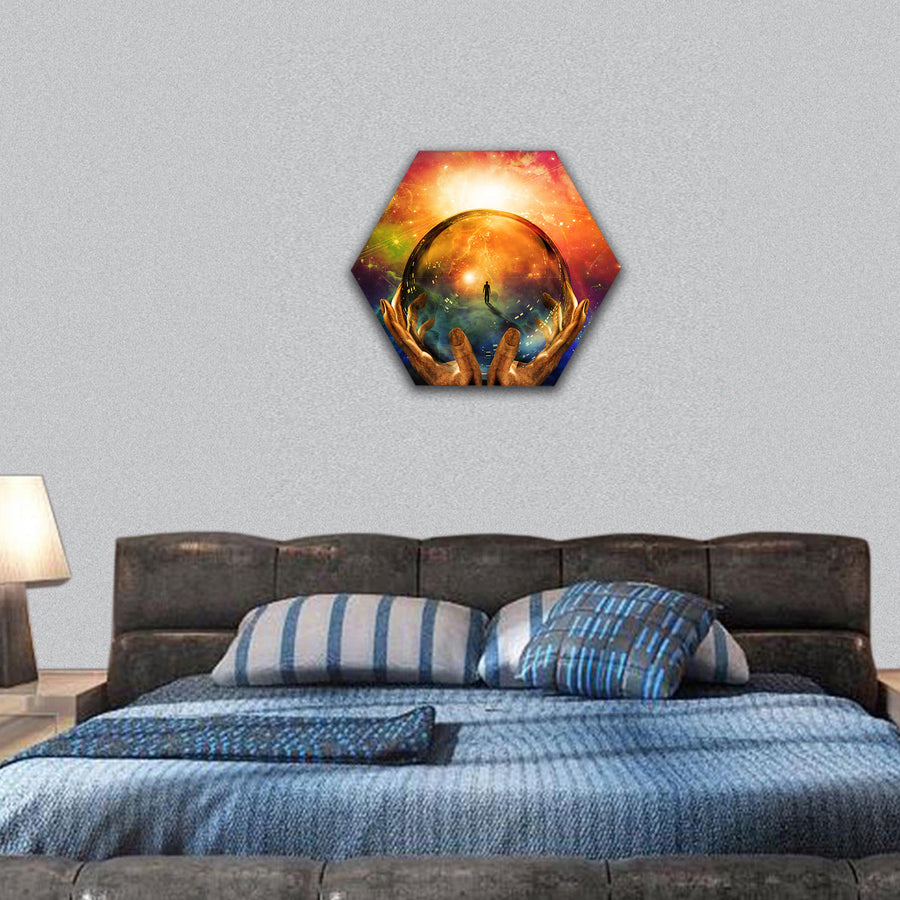 Hands hold glass sphere with view of man hexagonal canvas wall art