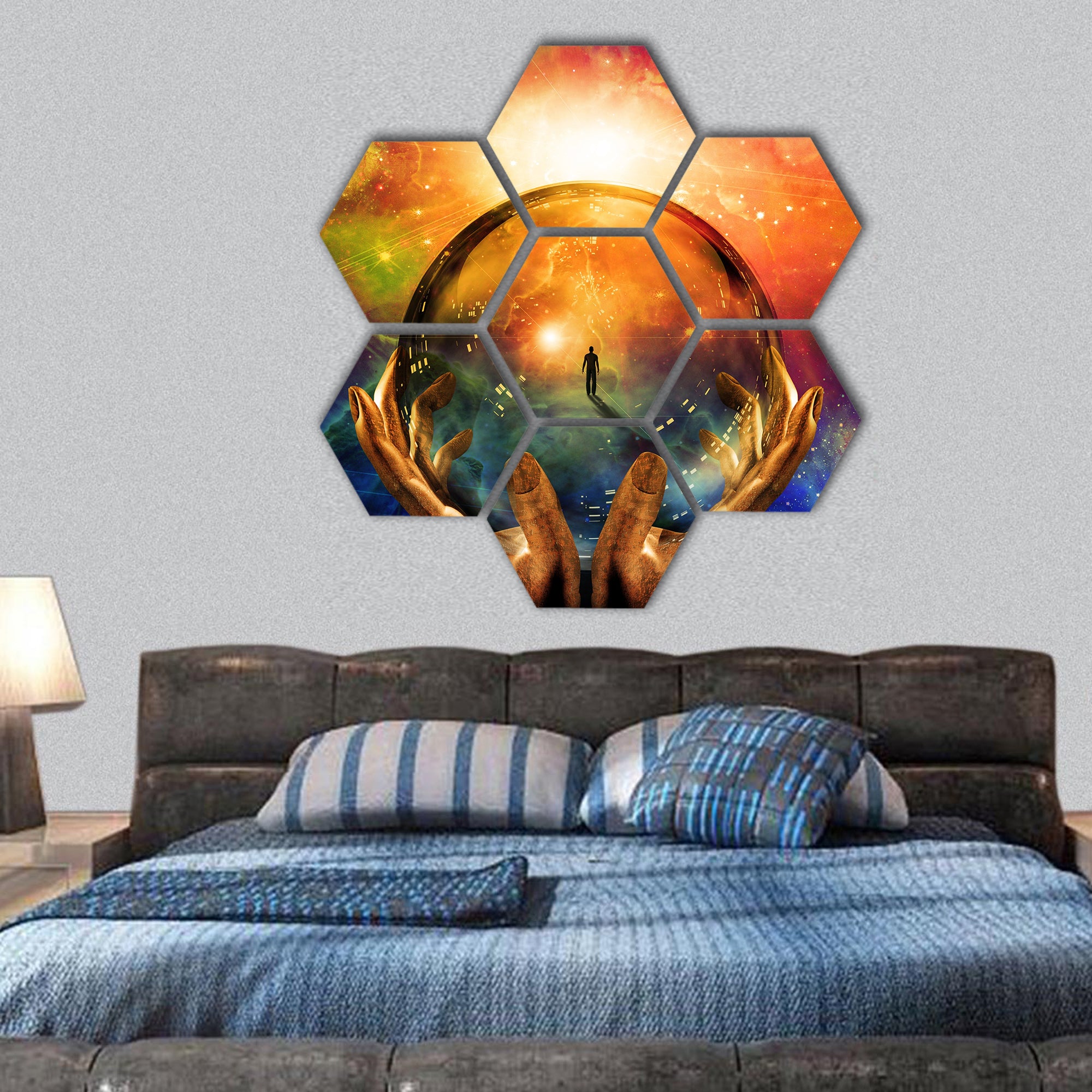 Hands hold glass sphere with view of man hexagonal canvas wall art