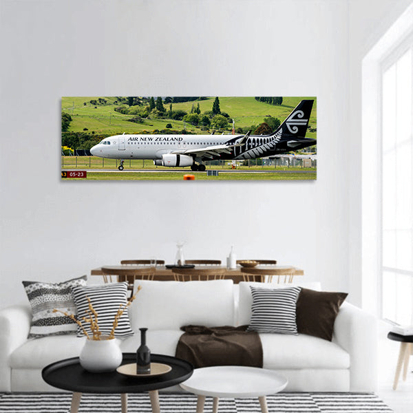 Airplane takes off from runway in Queenstown airport, Panoramic canvas Wall Art